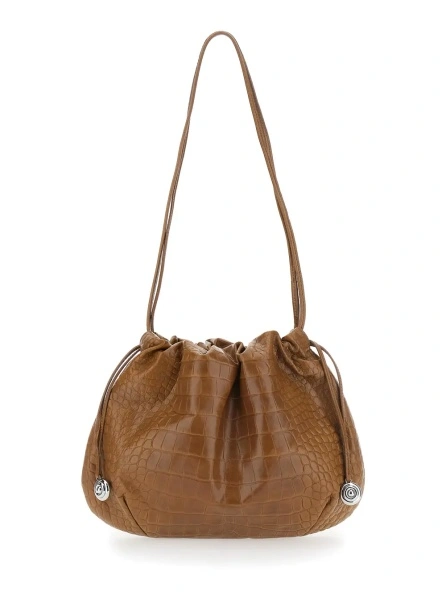 Genti Brown Clutch with Charm and Drawstring Closure in Leather for Women