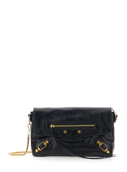 Genti 'Le City' Black Clutch with removable chain shoulder strap and a front zip pocket in leather for women