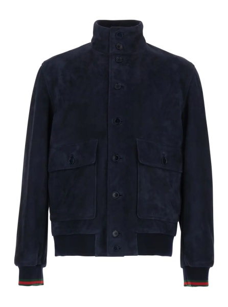 Jacheta Blue High Collar Jacket with Web Detail in Suede for Men