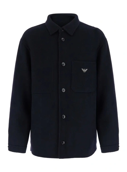 Jacheta Blue jacket with classic collar and front logo embroidery in wool blend for men