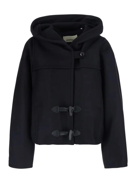 Jacheta Blue Jacket with hood and Toggle closure on the front in wool and cashmere for women