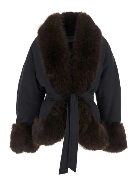 Jacheta 'Brina' Black Jacket with belt on the front and inserts in eco-fur in Tech Fabric for women