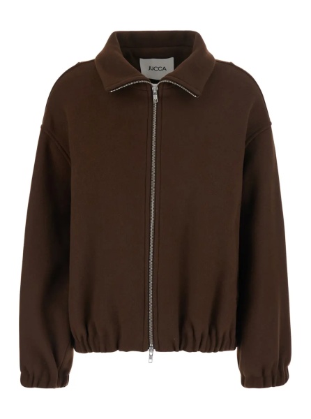 Jacheta Brown High Collar Bomber with Dropped Shoulders in Wool Blend for Women