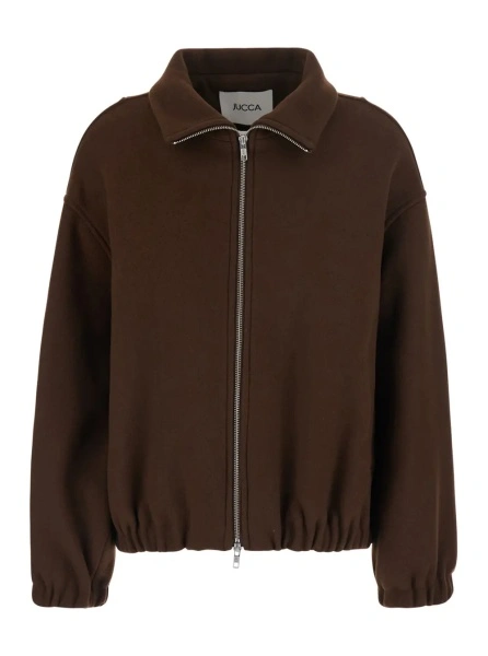 Jacheta Brown High Collar Bomber with Dropped Shoulders in Wool Blend for Women