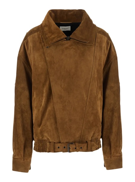 Jacheta Brown Jacket with classic collar and buckled belt in suede for women
