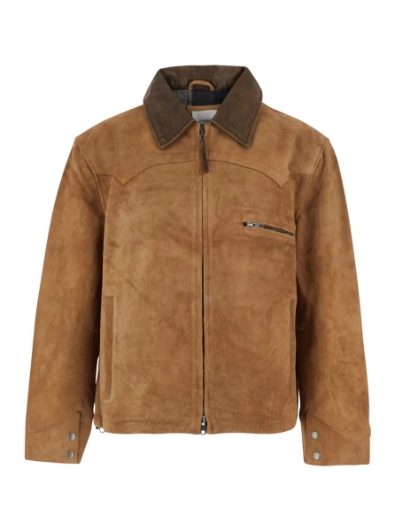 Jacheta Brown Jacket with classic collar and one zip pocket on the front in suede for men