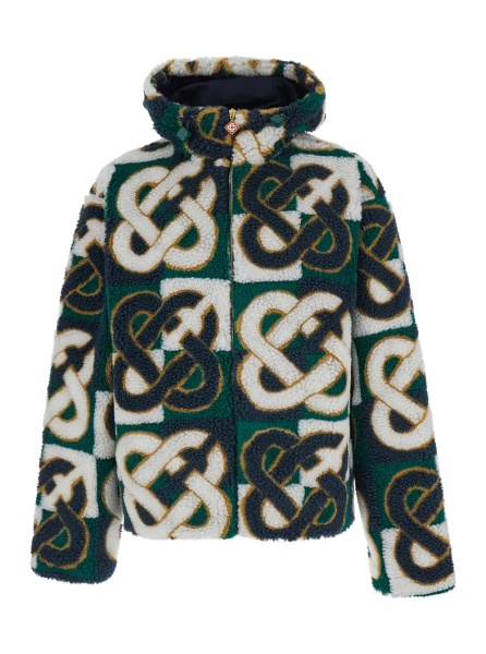 Jacheta Green Jacket with Hood and All-Over Logo Monogram in Wool Blend for Men