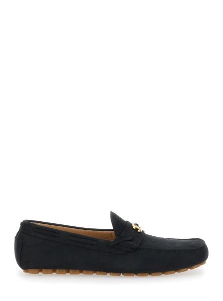 Mocasini Black Loafers with Round Toe and VLogo Plaque in Suede Man