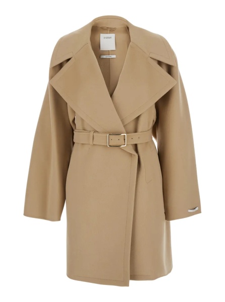 Paltoane Beige Coat with Wide Notched Revers and Waist Belt for Women