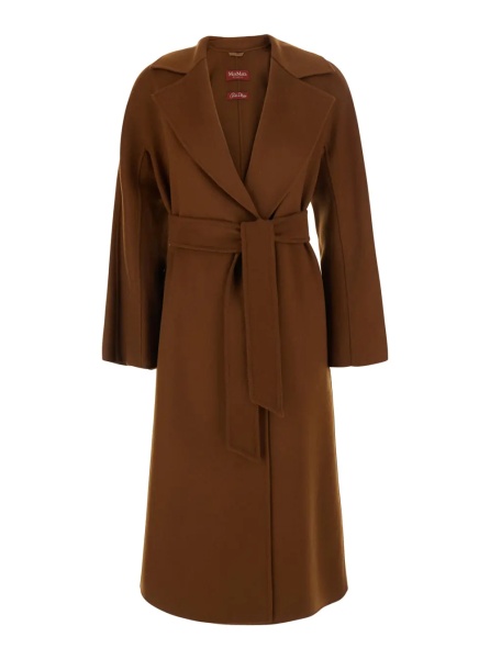 Paltoane Brown Coat with Wide Notched Revers and Front Belt Closure in Wool and Cashmere Blend for Women