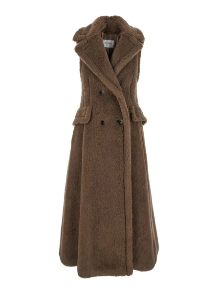 Palton Brown Sleeveless Coat with Wide Classic Lapels in Fur Woman