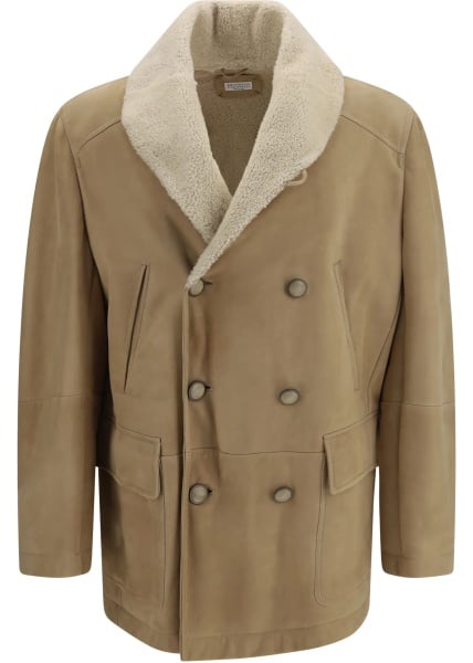 Palton Curly suede Shearling pea Coat with shawl collar