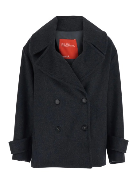 Palton Gray coat with lapel collar and pockets, in fabric, for women
