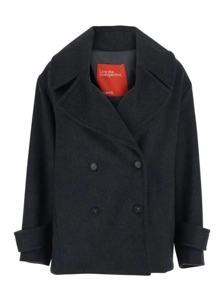 Palton Gray Double-breasted coat with wide Notched revers in wool for women