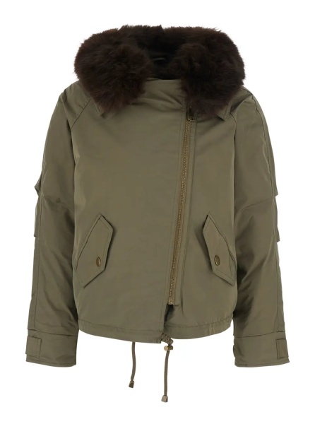 Palton Green fur coat with removable fur collar and off-center front closure in Tech Fabric for women