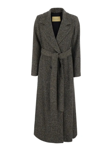 Palton MOMONÌ Gray Coat with notched revers and front belt in wool blend for women
