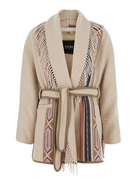 Palton 'Navajo' Beige Coat with front belt and geometric motif in fabric for women