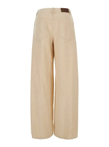 Pantaloni Beige pants with logo patch on the back and ribbed knit in cotton and linen for women