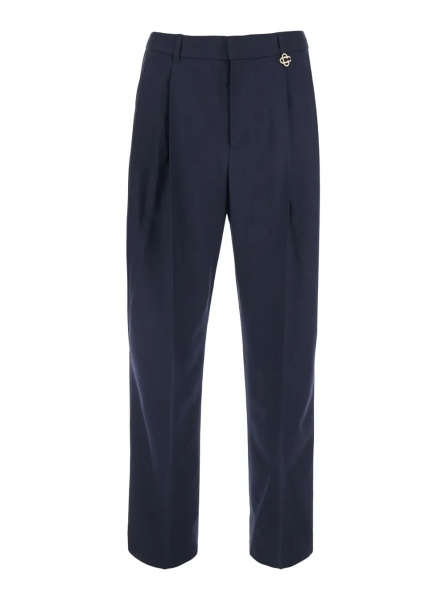 Pantaloni Black Trousers with Front Pleats and Logo Plate in Wool for Men