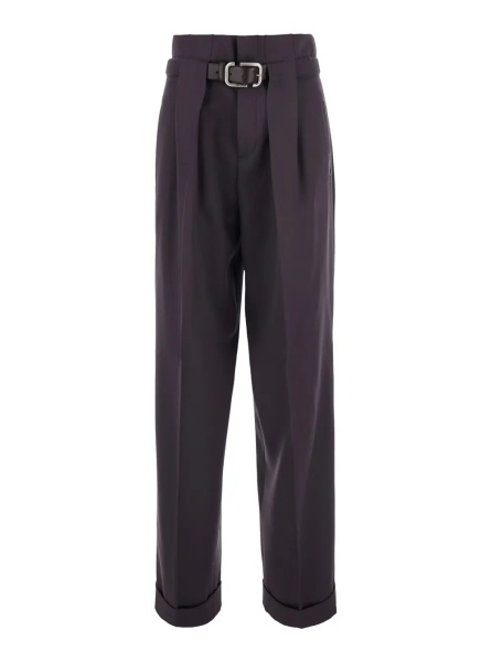 Pantaloni Brown Pants with Front Pleats and Front Belt with Buckle in Wool for Women