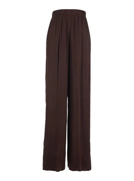 Pantaloni Brown Silk Pants with Elastic Waist and Side Welt Pockets Women