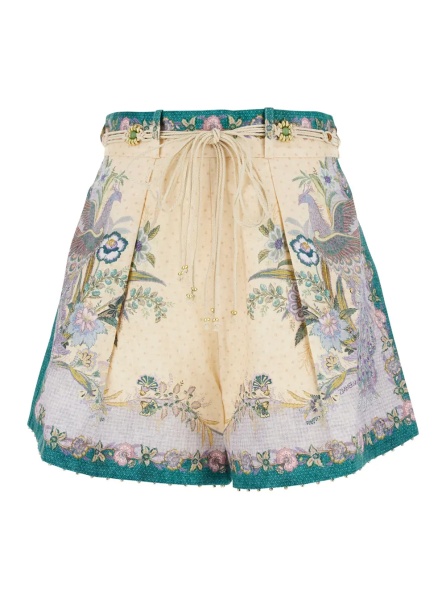 Pantaloni 'Indra' Multicolor shorts with Floral Motif and Drawstring at the Front in Linen for Women