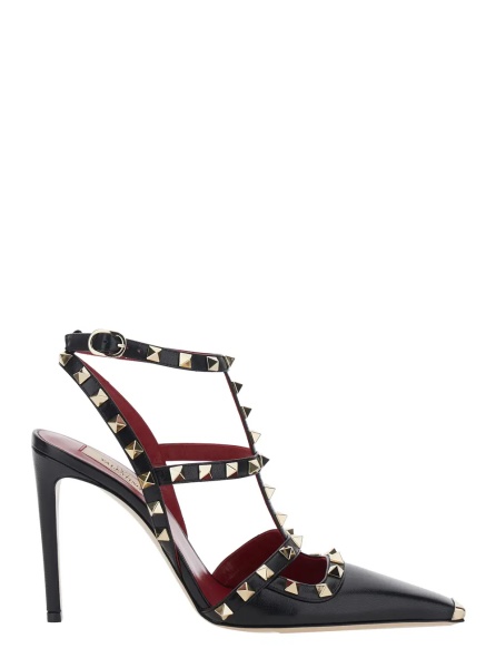 Pantofi Black high-heeled sandals with Rockstud decoration and high heel in leather for women