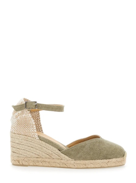 Pantofi 'Chiarita' Green Wedges with Almond Toe and Ankle Strap Closure in Fabric Woman