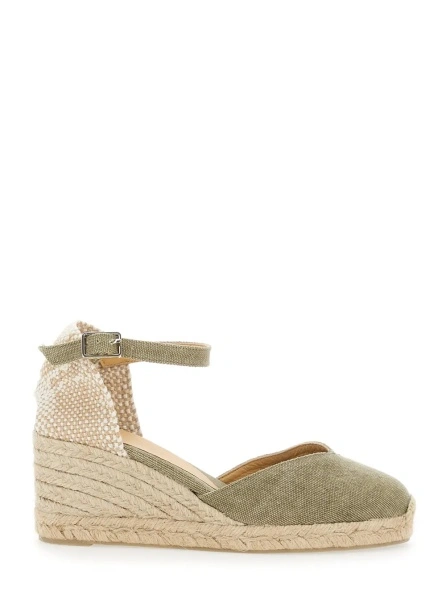 Pantofi 'Chiarita' Green Wedges with Almond Toe and Ankle Strap Closure in Fabric Woman