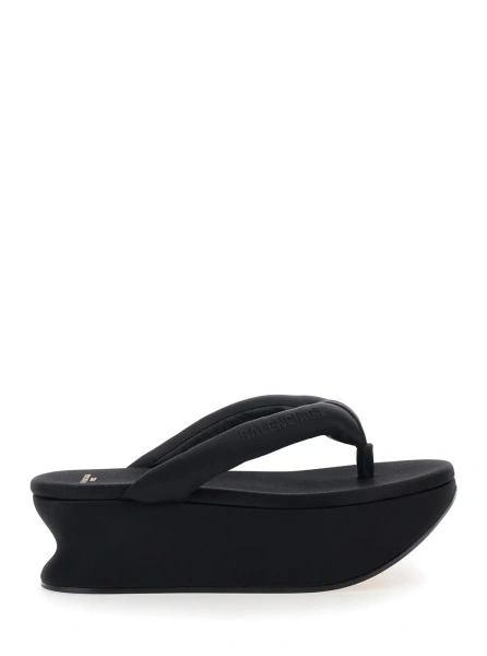 Pantofi 'Gaeta' Black Wedges with Thong Design and Medium Heel in Viscose Blend for Women