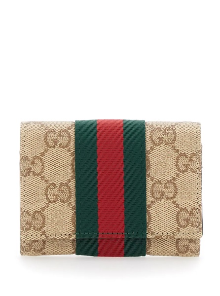 Portofele beige Card holder with Web Stripe and GG all-over motif in fabric for women