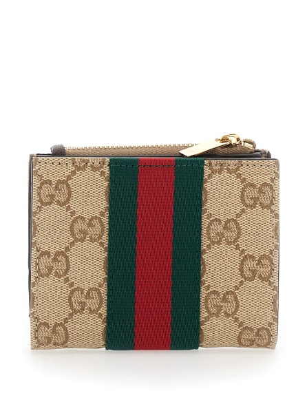Portofele Beige Wallet with Web Stripe and Zip Closure and Magnetic Button in GG Canvas for Women
