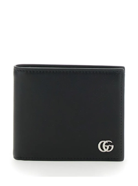 Portofele Black Leather Men's Bi-Fold Wallet with Logo Plate on the Front