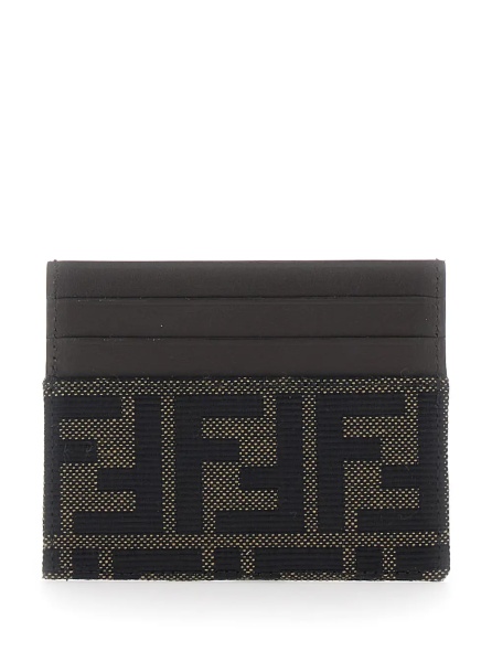 Portofele Brown Cardholder with FF motif in leather and fabric for men