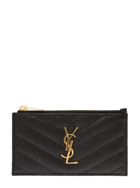 Portofele Card holder 'Cassandre' with Zip and Crocodile-embossed Leather Logo Black Woman