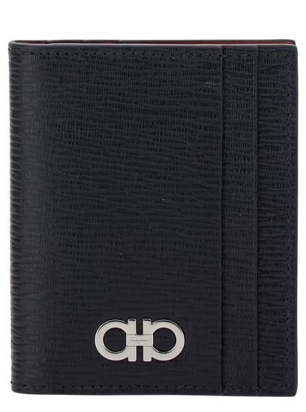 Portofele Card holder with Gancini detail in Black Leather for Men