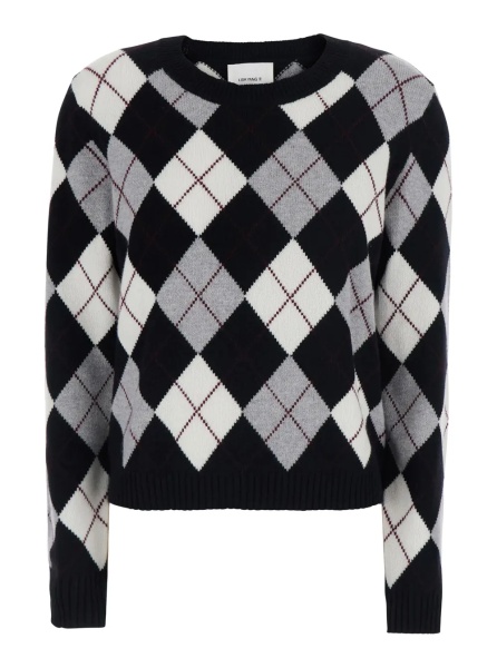 Pulover 'Antoni' Black and White Crew Neck Sweater with All-Over Argyle Motif in Cashmere for Women