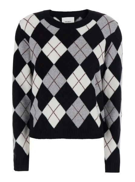 Pulover 'Antoni' Black and White Crew Neck Sweater with All-Over Argyle Motif in Cashmere for Women