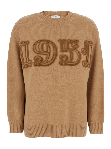 Pulover Beige Crew Neck Sweater with Front Embroidery in Wool and Cashmere Blend Woman