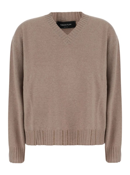 Pulover beige sweater with V-neck and strass details in wool and silk Blend women