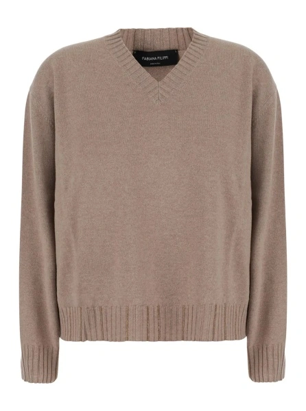 Pulover beige sweater with V-neck and strass details in wool and silk Blend women