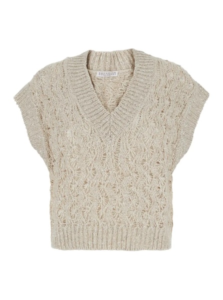 Pulover Beige Vest with V-neck and Sequin Detail in Silk and Linen Blend for Women
