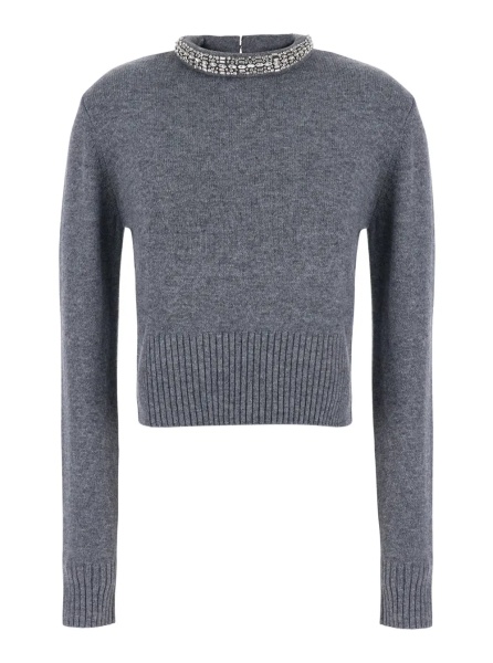 Pulover 'Berlin' Gray sweater with Rhinestone Details on the Collar and Logo Patch on the Back in Blend Wool Women