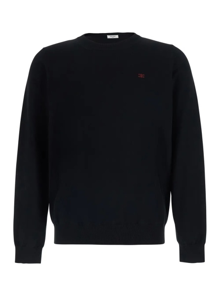Pulover Black Crewneck Sweater with Logo on Chest in Wool for Men