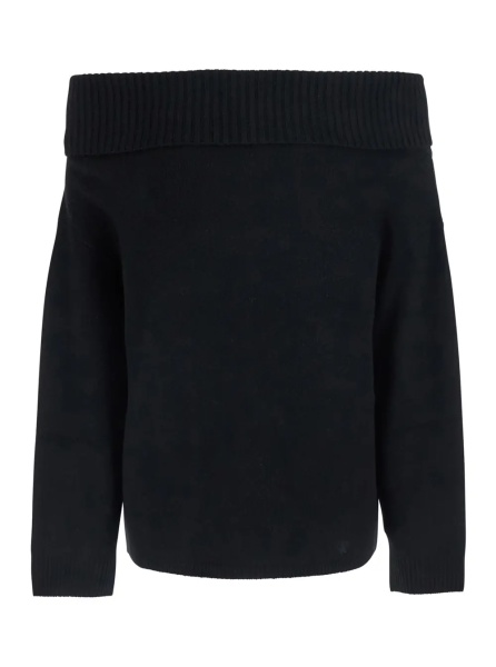 Pulover black Sweater with Boat neckline and mini tone-on-tone logo in cashmere for women