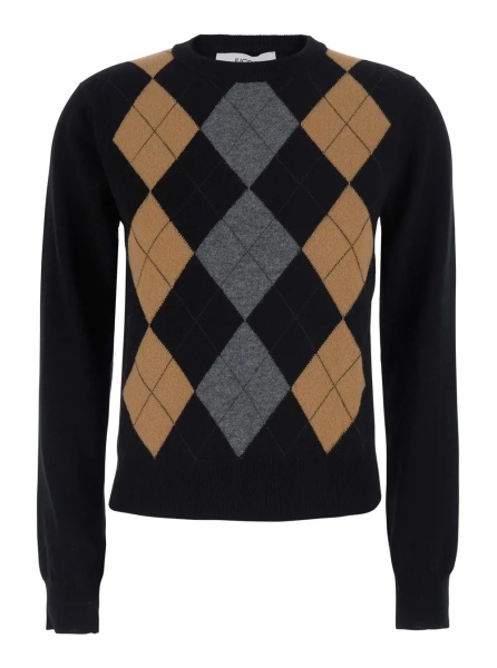 Pulover Black Sweater with Round Neck and Argyle Motif on the Front in Wool for Women