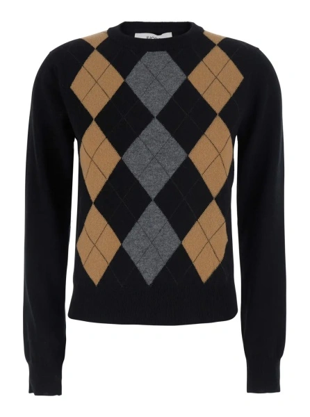 Pulover Black Sweater with Round Neck and Argyle Motif on the Front in Wool for Women