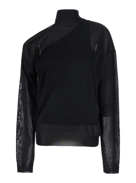 Pulover Black turtleneck top with cut-out on the shoulder and matching one-shoulder viscose top in silk for women