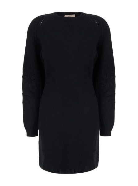 Pulover BlackCrew Neck Dress with Long Sleeves in Wool Blend for Women