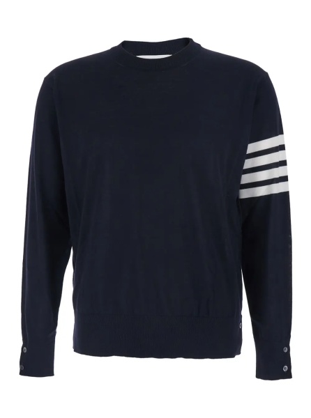Pulover Blue Crewneck Sweater with 4-Bar on the Sleeve and Ribbed Finishes in Wool for Men